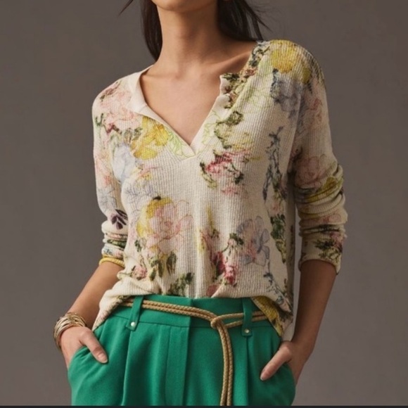 By Anthropologie Printed V Neck Sweater Linen Blend Abstract Floral NWOT - Picture 11 of 12